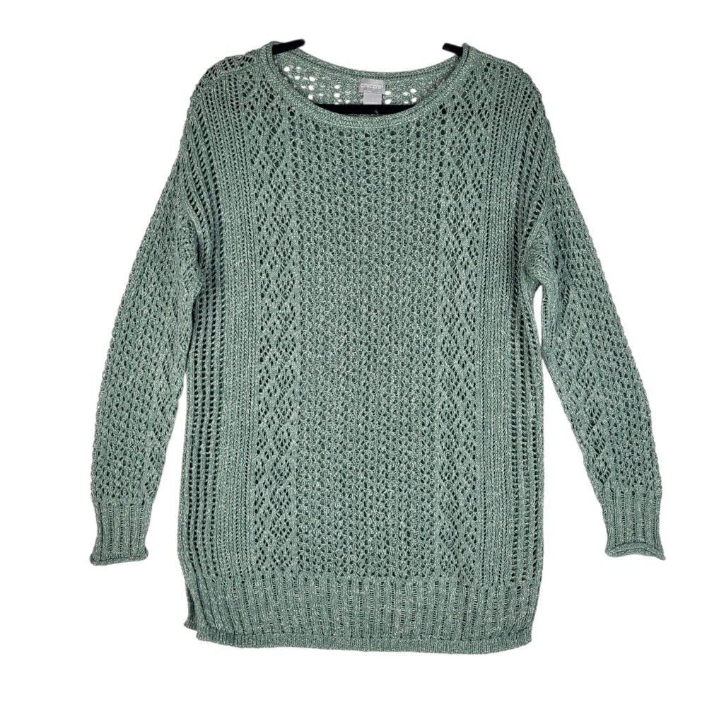 Chicos Open Knit Sweater Women's Medium Seafoam Green Coastal Beachy Cottagecore